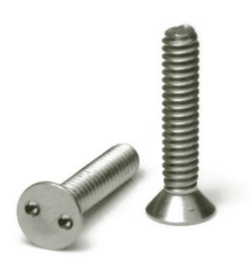 Tamperproof machine screws with a flat head and spanner drive. They are made of 18-8 stainless steel with a stainless finish. The screws are 1.000" long with a 6 x 1" size, Type A thread, and #6 driver size.