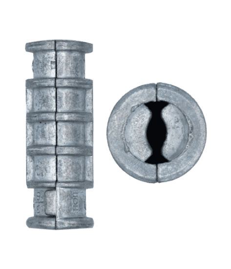 This is a lag screw shield for use in solid or hollow base materials. It is made of zinc and has no additional finish. The shield is sized 3/8 short, with a 3/8 in diameter, 1-3/4 in length, 5/8 in drill size, and 2-1/4 in minimum embedment depth.
