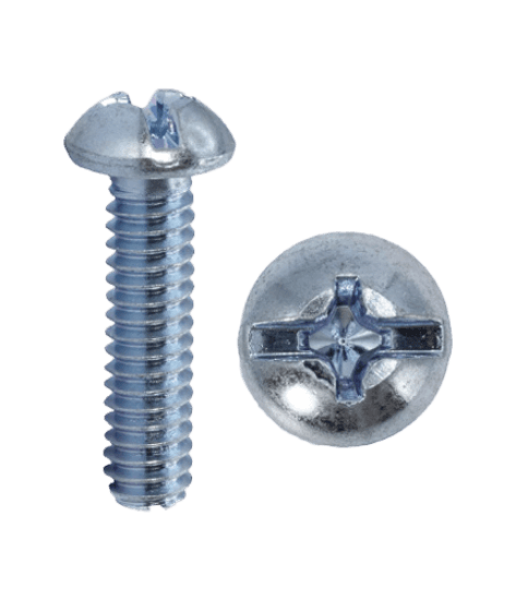Machine screw with a round head and combo slotted/Phillips drive. It is made of steel with a zinc plated finish. The screw size is 10-24 x 3/4 in, with a 0.750 in length, 24 threads per inch, and a #2 Phillips driver size. It has a 0.346 in head diameter and 0.130 in head height.