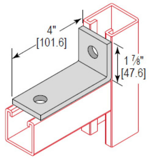 Minerallac Company CA2H4LEG - A 2-hole corner angle angular fitting made from carbon steel. It has an electro-galvanized finish and measures 4" deep, 1-7/8" high, and 1-5/8" wide. The fitting has 2 holes sized 9/16" and a thickness of 1/4".