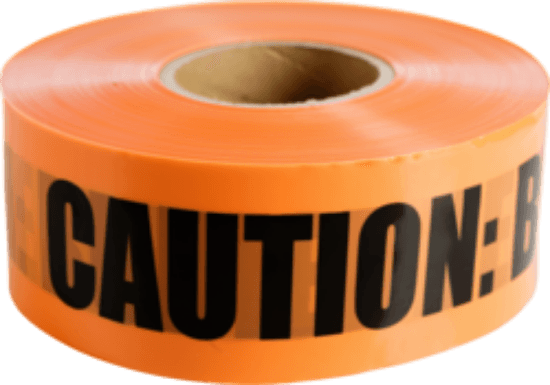 Underground non-detectable tape with a 3 inch roll width and 1000 foot roll length. It is made of heavy metal-free polyethylene and is orange with black lettering. The printed legend reads "CAUTION: BURIED TELEPHONE LINE BELOW" and the tape thickness is 4.0 mil.