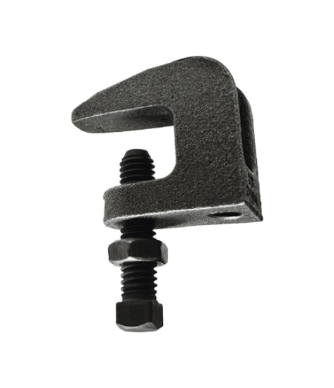 Universal beam clamp for use with a 5/8" flange and 3/8" rod. It is made of steel with an electro-galvanized finish. The clamp measures 13/16" wide and 1-9/16" high, and uses a 3/8" x 1-1/2" set screw. Maximum load is 350 lbs.