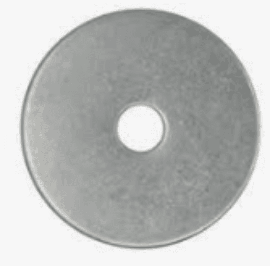 Fender washer with a wide bearing surface, originally designed for auto body repair work and also used in sheet metal, plumbing, and electrical work. It is made of steel with a zinc plated finish. The washer has a 5/16 in inside diameter and a 1-1/2 in outside diameter, with thickness listed as 0.047 in to 0.080 in.