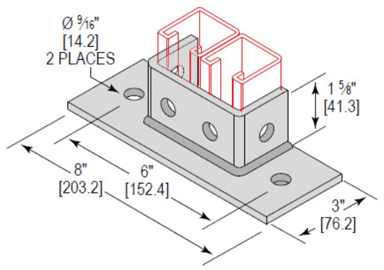Minerallac Company PBD2H162FLEG - Post base double channel with 2 holes and a 1-5/8 flush profile. It is zinc plated. The sheet identifies it as catalog number PBD2H162FLEG.