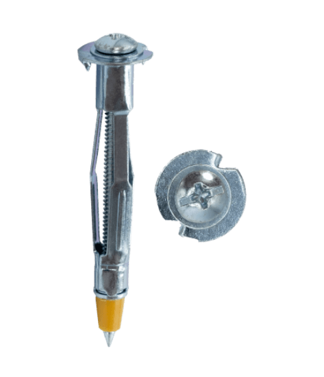 Hollow wall anchors with a drive point and combo Phillips/slotted head. They are made of steel with a zinc plated finish. Intended for light-weight duty use in a pre-drilled hole in drywall, sheetrock, plaster, or paneling.