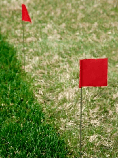 A red stake flag identified on the sheet as 2-1/2" x 3-1/2". The product is a stake flag used in barrier tape or chain applications. No material, finish, or other dimensional details are printed on the sheet beyond the listed size.