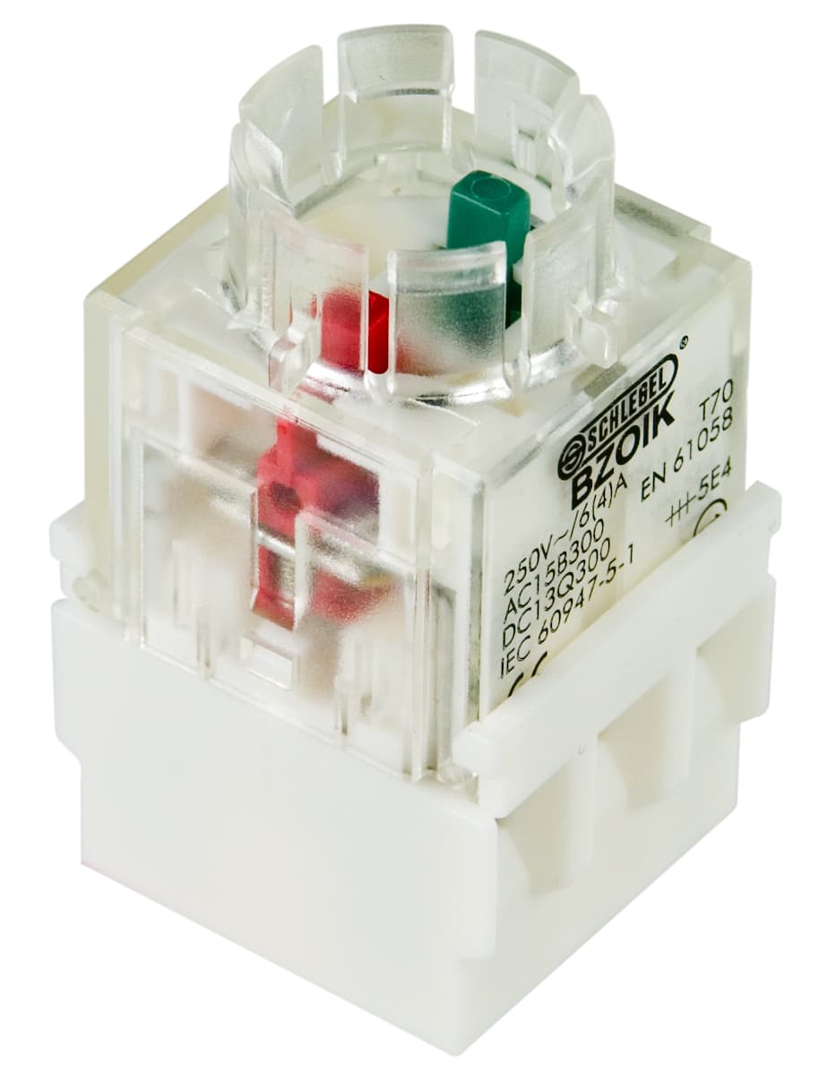 Schlegel Elektrokontakt BZOIK - Switching Function: Momentary Product Group: Contact BlocksContact Type: Screw Connection 2.5 mm? Travel: 3 mm Contact Equipment: 1 x NC + 1 x NOIllumination: No Protection Class: II (protective insulation) Labeling Option: NoContact Material: AgNi IP Protection Front: IP20