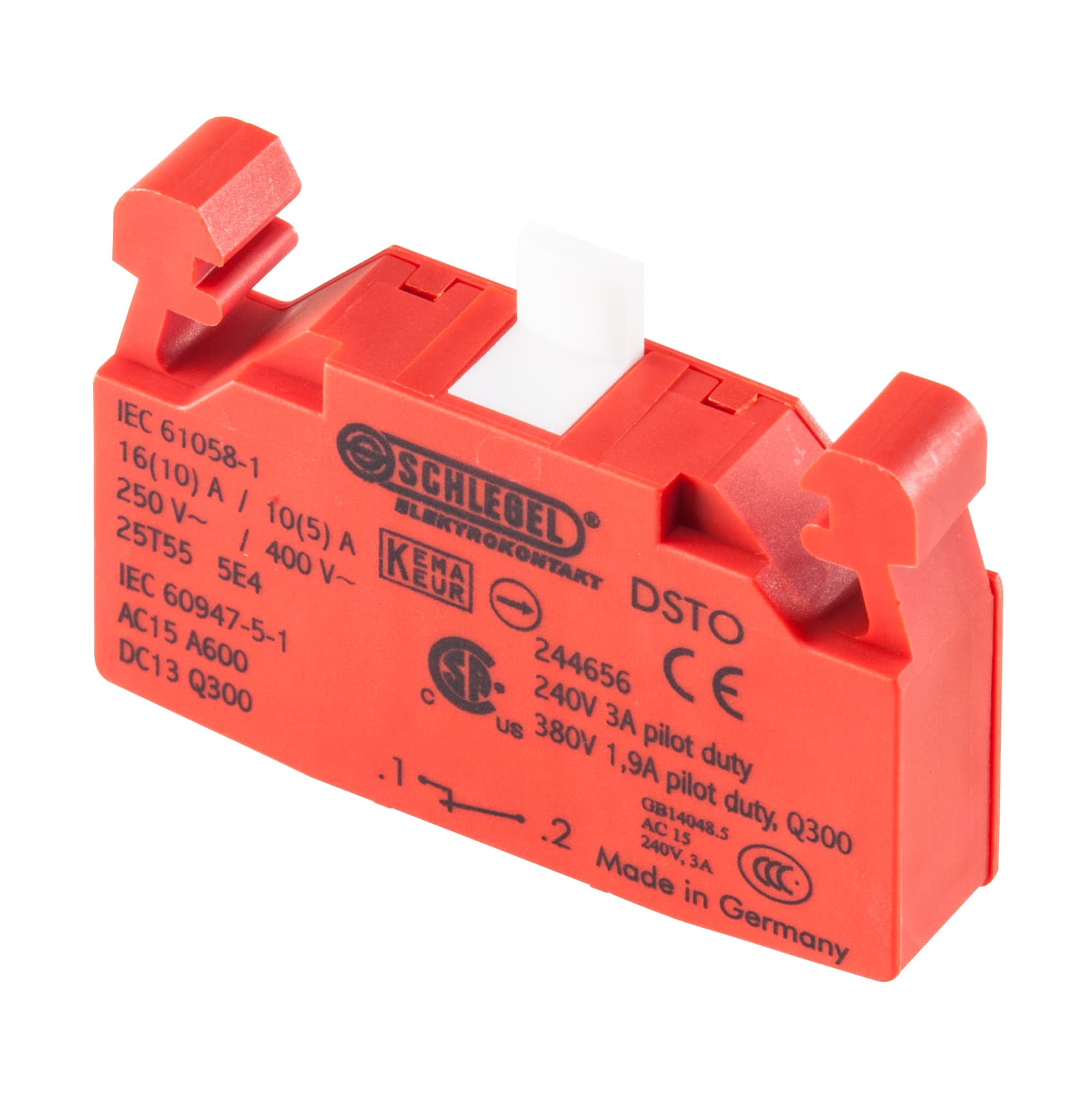 Schlegel Elektrokontakt DSTO - Switching Function: Momentary Travel: 5 mmContact Type: Push-In Connection / 0.75 ... 2.5 Mm? Contact Equipment: 1 x NCContact Material: AgNi Protection Class: II (protective insulation)Illumination: No Labeling Option: No