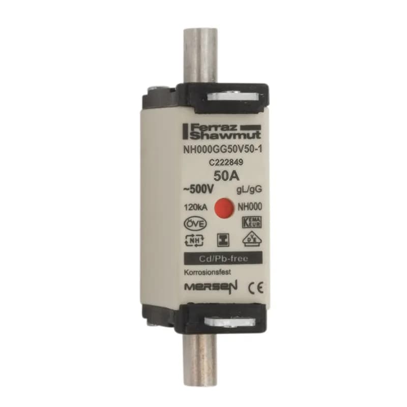 DIN NH Standard fuse-link gG Size NH000 500VAC 250VDC 50A isolated tags Double indicator Body width 21mm