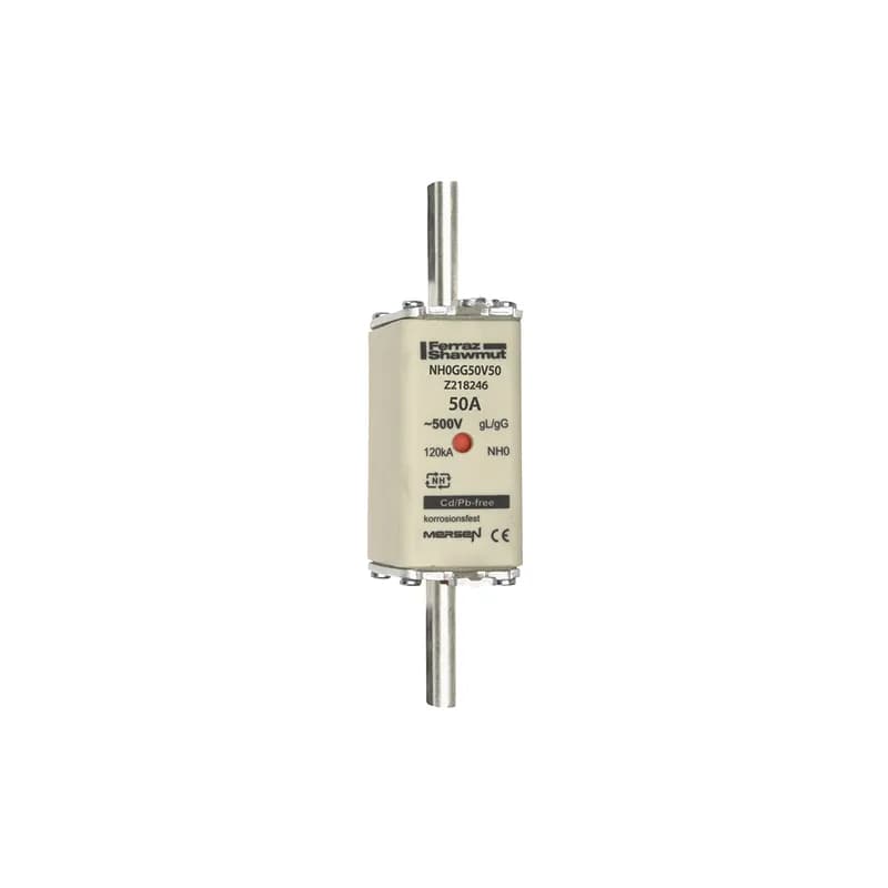 Mersen Z218246 - DIN NH Standard fuse-link gG Size NH0 500VAC 250VDC 50A live tags Double indicator Body width 30 mm