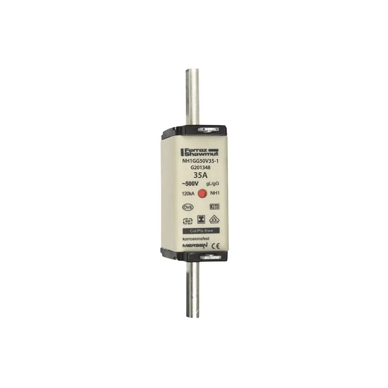 DIN NH Standard fuse-link gG Size NH1 500VAC 250VDC 35A isolated tags Double indicator Body width 30 mm