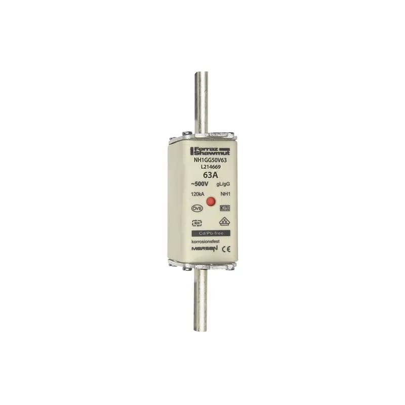 DIN NH Standard fuse-link gG Size NH1 500VAC 250VDC 63A live tags Double indicator Body width 30 mm
