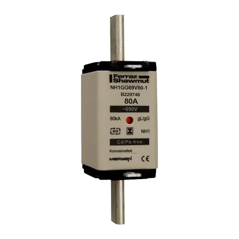 DIN NH Standard fuse-link gG Size NH1 690VAC 400VDC 80A isolated tags Double indicator Body width 30 mm