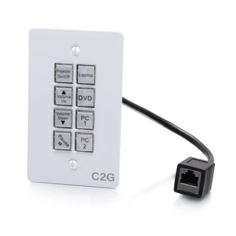 C2G CG50348 -
The AV Controller is a full-featured in-wall solution that is perfect for
easy control of all classroom or conference room audio/video equipment;
including up to two serial devices, such as a projector or display, a 12V
DC triggered device, such as a projector screen or blinds and IR devices
such as a DVD/Blu-ray player, document camera and other equipment.
Specifically constructed for use in classrooms and conference rooms, this
controller is innovatively simple to install, program and operate.
Consolidate control in one convenient location. No more searching for
remotes, replacing expensive batteries or fumbling with small remote keys
that are in a different position on each different remote. The AV
Controller provides the features needed without the cost and complexity
associated with "higher end" solutions.
Features
* Eight backlit buttons with multiple button options
* On-board timing program making it easy to perform time and date
programming
* Dual DB9 RS-232 as well as RS-485 ports provides control of up to
five devices
* All buttons can be programmed to send the bi-direction infrared,
RS232 and RS485 commands simultaneously to control third party
devices
* Daisy chain up to 99 controllers