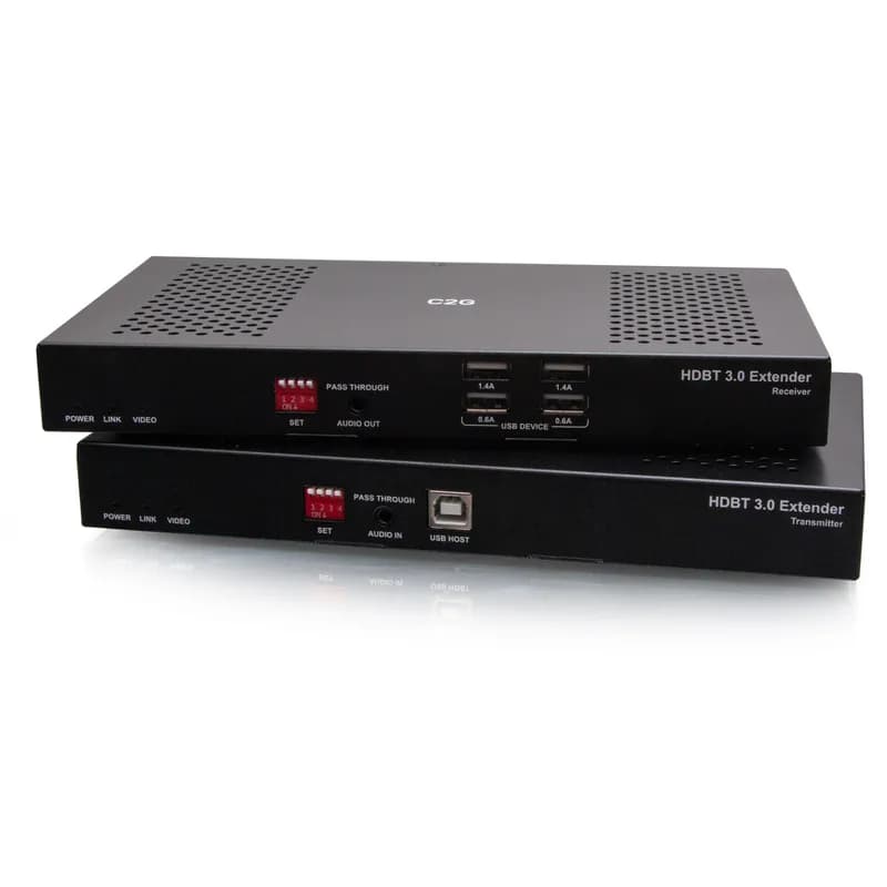 The HDMI� HDBaseT + USB-B to A and RS232 over Cat Extender (18Gbps) allows
for the extension of a 4K HDMI source up to 328ft to a 4K display without
signal loss using a single Cat6a Ethernet cable. This is an ideal solution
where USB must also be extended alongside HDMI video and audio to
interactive whiteboards and displays or in any installation that goes far
beyond the length limitations of standard HDMI and USB cabling.
This HDMI HDBaseT 3.0 kit supports 5Play features, including the combined
delivery of uncompressed ultra-high-definition digital video and audio,
Ethernet, control signals, USB 2.0, and up to 100W of power through a
single, 100m/328ft Cat6a LAN cable. The uncompressed digital video fully
supports 4K 60Hz (4:4:4) HDMI signals and all audio formats in the HDMI 2.0
specification. The Ethernet pass-through transmits 1GB of data. The
featured dip switch allows for RS232 pass-through and the added convenience
of field firmware updating. USB 2.0 supports streaming cameras, connected
peripherals, and storage devices. With one-way Power over HDBaseT (PoH)
support, one power adapter connected to the receiver powers both the
transmitter and receiver, so no additional power adapter required, allowing
for greater flexibility in installations.
Features
* Supports the HDMI 2.0 (18Gbps) specification, with full uncompressed
4K 60Hz (4:4:4) HDMI video and all audio formats through a single, at
the full 100m/328ft without signal degradation, over a single Cat6a
Ethernet cable.
* USB ports support USB 2.0 standards, maximizing streaming cameras,
connected peripherals, and data rates of 350Mbps.