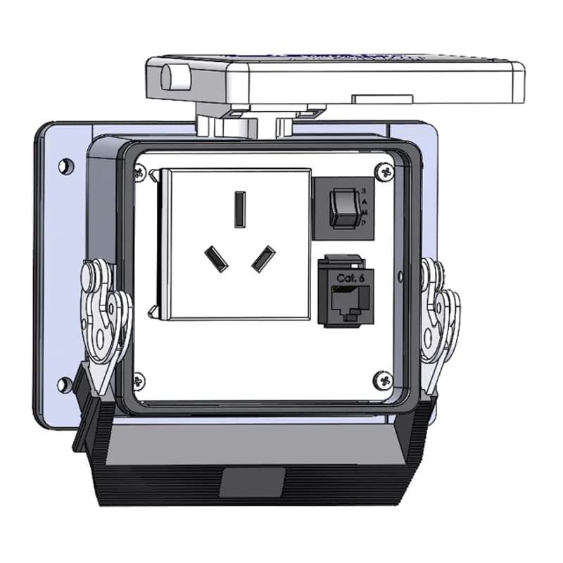 Panel Interface Connector with Australian outlet, RJ45, 2amp reset, in a 32 housing