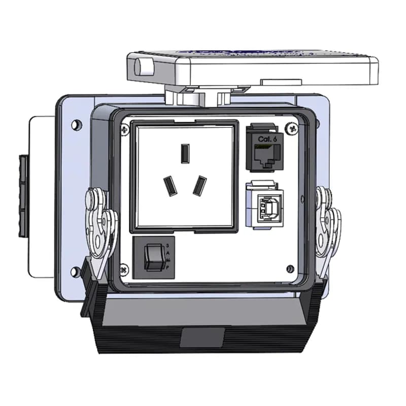 Panel Interface Connector with China 10amp outlet, RJ45, form B USB to form A USB , and a 3amp reset, in a 32 housing