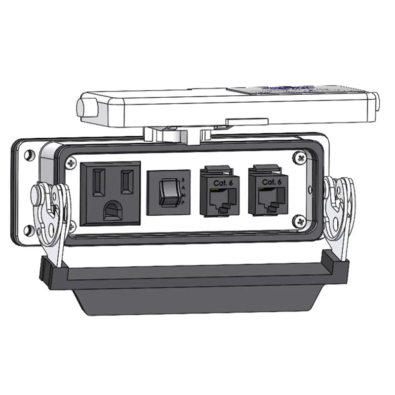 Panel Interface Connector with Simplex outlet, 2 x RJ45, and 3amp reset in a 24 housing