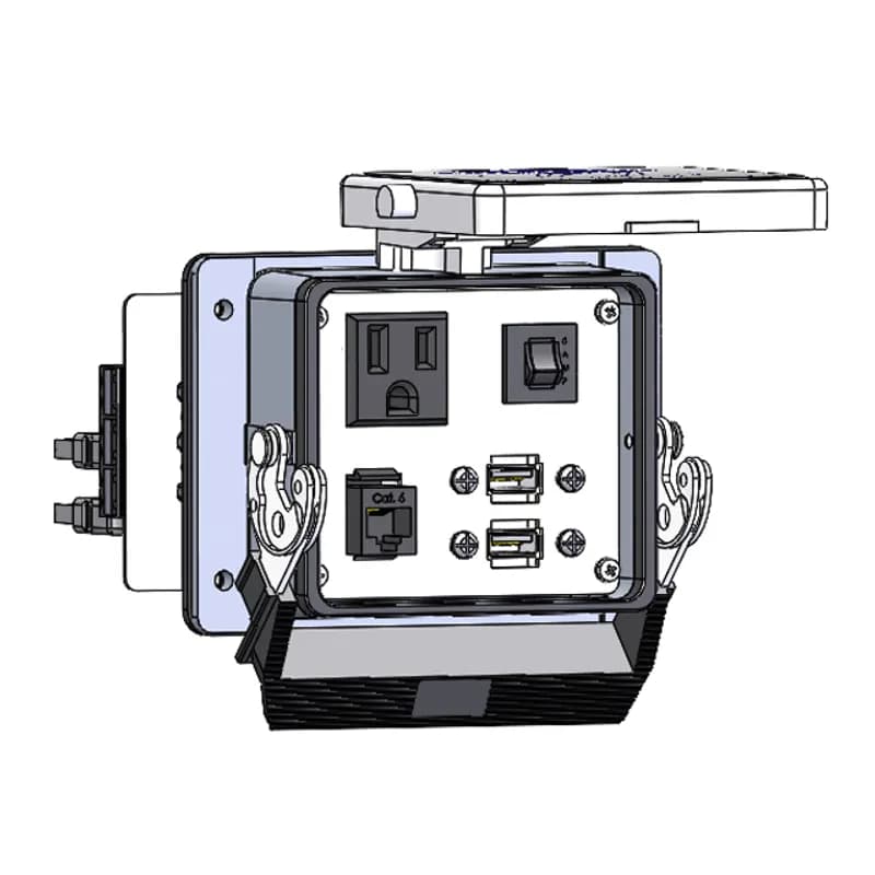Panel Interface Connector with Simplex outlet, RJ45, 2 x USB with form A 6' cable, and a 5amp reset, in a 32 housing