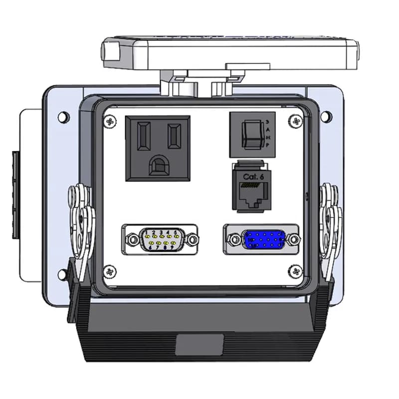 Panel Interface Connector with Simplex outlet, 9 pin D-sub Male to Female, Hi-Density 15 pin D-sub Female to Male, RJ45, and a 3amp reset, in a 32 housing