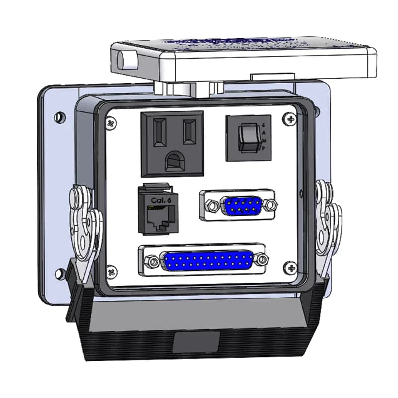 Panel Interface Connector with Simplex outlet, DB9, DB25, RJ45, and a 6amp reset, in a 32 housing