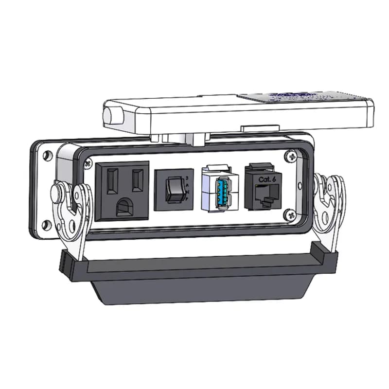 Panel Interface Connector with Simplex outlet, RJ45, form A USB to form A USB, and 3amp reset, in a 24 housing