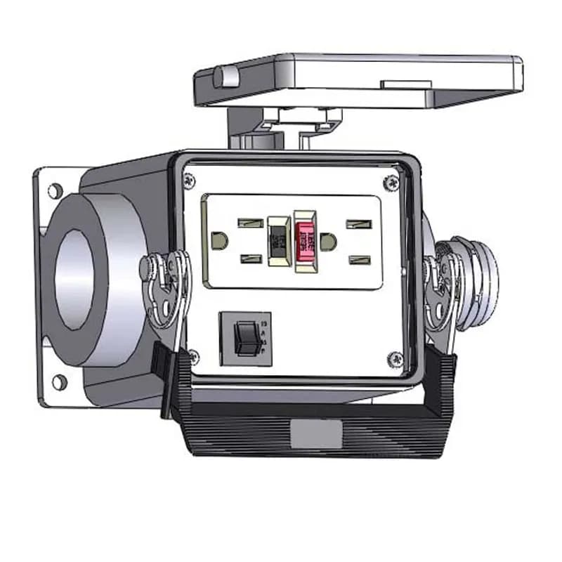 Panel Interface Connector with GFCI Duplex outlet, and a 10amp reset, in a 32 surface mount housing