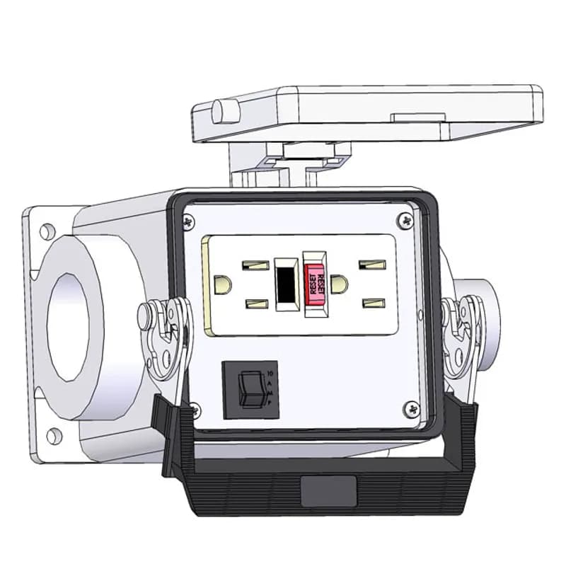 Panel Interface Connector with GFCI Duplex outlet, and a 10amp reset, in a 32 surface mount housing, 1/2" NPT