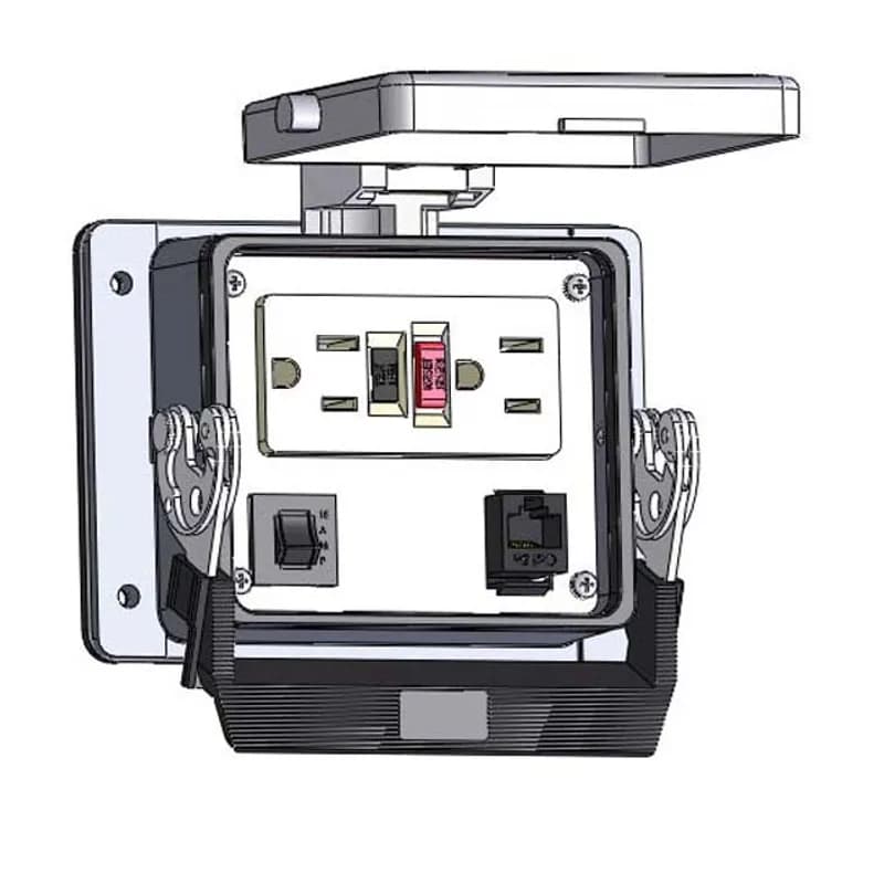 Panel Interface Connector with GFCI Duplex outlet, RJ45, and a 15amp reset, in a 32 housing