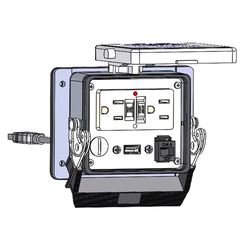 Mencom Corporation GF-RJ45-USB-10-32 - Panel Interface Connector with GFCI Duplex outlet, RJ45, and USB-10, in a 32 housing