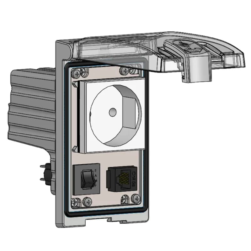 Low Profile Panel Interface Connector with Continental European outlet, RJ45, a 3amp reset in a Single Cover Housing