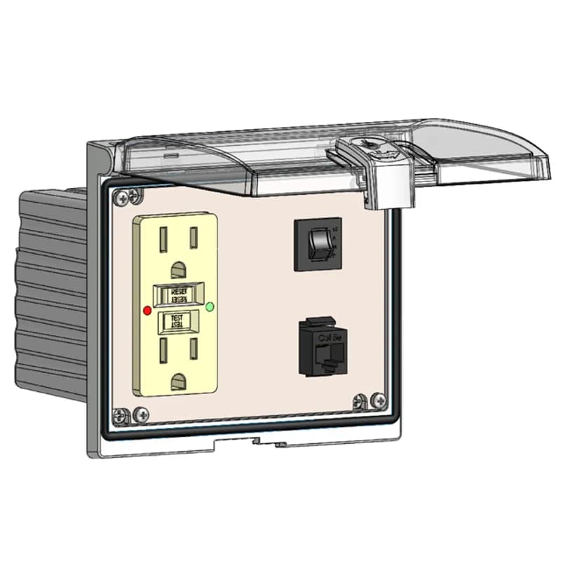 Low Profile Panel Interface Connector with GFCI outlet, RJ45, a 15amp reset in a Double Cover Housing