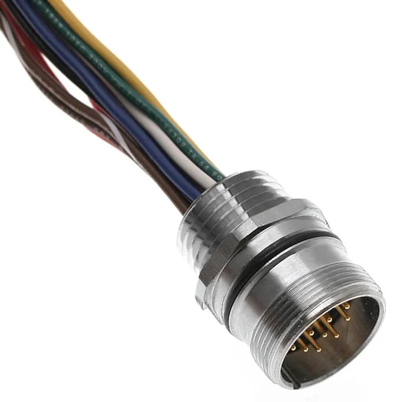 MCV, M23 Receptacle, 12 Pole, Male Straight, Discrete, 0.3M, 6A, 1/2" NPT, Front Mount, Nickel Plated Brass