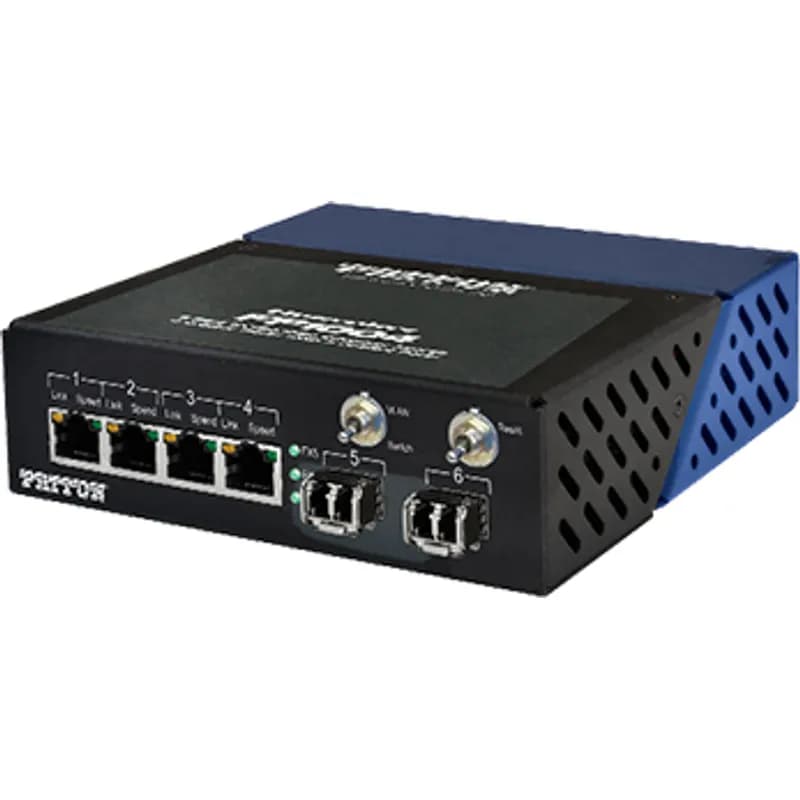 Light Industrial 6 Port 10/100/1000 Ethernet Switch; 4 Copper + 2 SFP Cage, No Optical Modules Included, External 100-240VAC