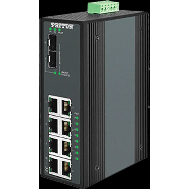 Unmanaged Industrial PoE+ Ethernet Switch; 8 x PoE+ 10/100/1000 (30 watts/port); 2x GigE SFP; - 40 -75C, 12-36VDC input
