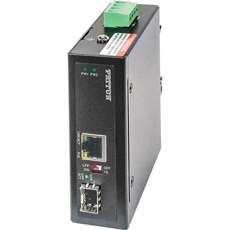 Industrial Gigabit SFP Media Converter with IEEE802.3bt Power Injector (90W); 10/100/10000Base-TX (RJ45); 1G (SFP); -40 ot 75C; 52-56VDC Input