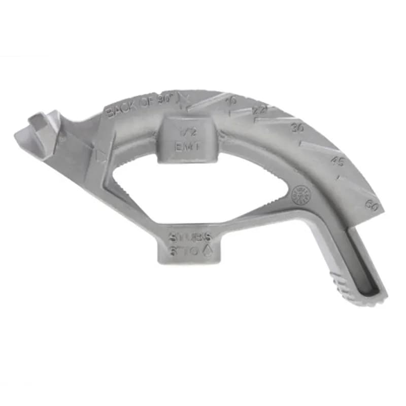 NSI Industries CB50WH - Conduit Benders with Handles - 5 Degree Inside Radius - For 1/2" EMT The Conduit Bender is for 1/2" Electrical Metallic Tubing (EMT). It has cast in-angle indicators with raised bending points of reference to aid the installer. The bodies are aluminum die cast which are lightweight yet strong enough for everyday use. Handles are tough steel construction and have a black powder coat finish that is textured for better gripping- flared handle corrects overbends. Aluminum Die Cast Bender with Steel Handle. FEATURES: INSIDE RADIUS: 5 Degree TYPE: Aluminum Die Cast with Handles USE: 1/2" EMT HANDLE SIZE: 3/4 x 38 BRAND EQUIVALENT: Gardner Bender 930H Ideal 74-046 MANUFACTURER: NSi Industries, UPC: 662381016300