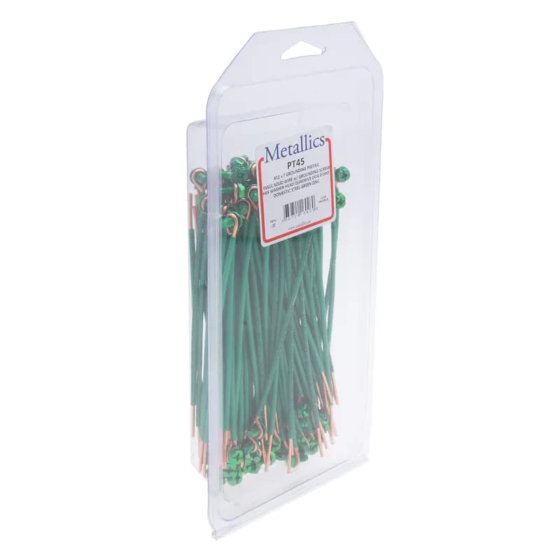 Grounding Pigtail with Screw, 7 in. length, Green, Copper material, Slotted, Phillips, Square Drive, Dog Point Screw, Hex Washer included, Zinc Coated finish, 100 per box, #12 Size, Steel screw material