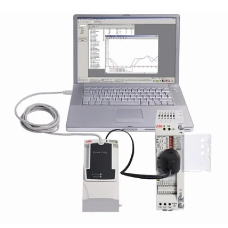The DriveConfig Kit is a PC tool for volume configuration and control of ACS55 drives. The kit enables parameter setting and software updating without the need for a power connection. The drives can even remain in their delivery boxes during configuration. The DriveConfig Kit features on-line drive control and monitoring of up to four signals simultaneously. DriveConfig kit includes: Hardware and cables, PC software, User’s manual in English (hardcopy and PDF), Battery charger, USB adapter.