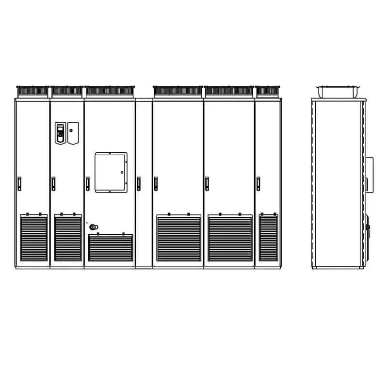 ABB - Low Voltage Drives ACS880-07-1320A-5+C129+C199+F255+H359 - CABINET DRIVE, Product Family: ACS880, Horsepower: 1100 HP, Output Current: 1267 A, Voltage: 480 VAC, Voltage Range: 380-500V, UL TYPE 1 (IP22), Floor-mounted, Local or Remote Mounted LCD Display and Keypad, Air Circuit Breaker, Common Motor Terminal Cubicle, Empty Cabinet left side 400mm, 3-Phase Input, 3-Phase Output, Frame: 2xD8T+2xR8i, Product HxWxD: 84.5 in x 107.5 in x 28.1 in, Product Weight: 5020 lbs