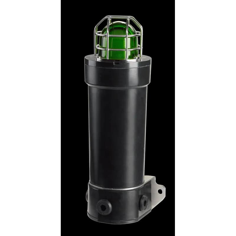 Flameproof GRP Strobe Light, 5-Joule Output, D Construction, 24-48VDC, Green - Available in 10, 15 and 21 Joule units. Seven lens colors: Amber, Blue, Clear, Green, Magenta, Red and Yellow. 316 stainless steel mounting bracket included. Available voltages (±15 percent): 15J units 24-48VDC, 10J/21J units 110VAC, 10J/21J units 220VAC. Corrosion-resistant GRP (Glass Reinforced Polyester). Dome guard included. M20 entries standard. Strobe tube life of 10,000 hours. IP66 enclosure. ATEX, IECEx, CE, GOST and INMETRO Certified. Zone rated, IECEx, ATEX: Ex d IIB +H2 T3-T4, Ex de IIB +H2 T3-T4.
