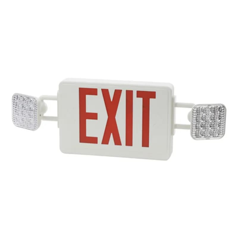 NSI Industries EEL2RW-LED - LED/Incandescent Exit Light, 120/277V, 2 Faces, RED Lettering, White Housing, 2 Light Heads, 90 Min. Battery Backup