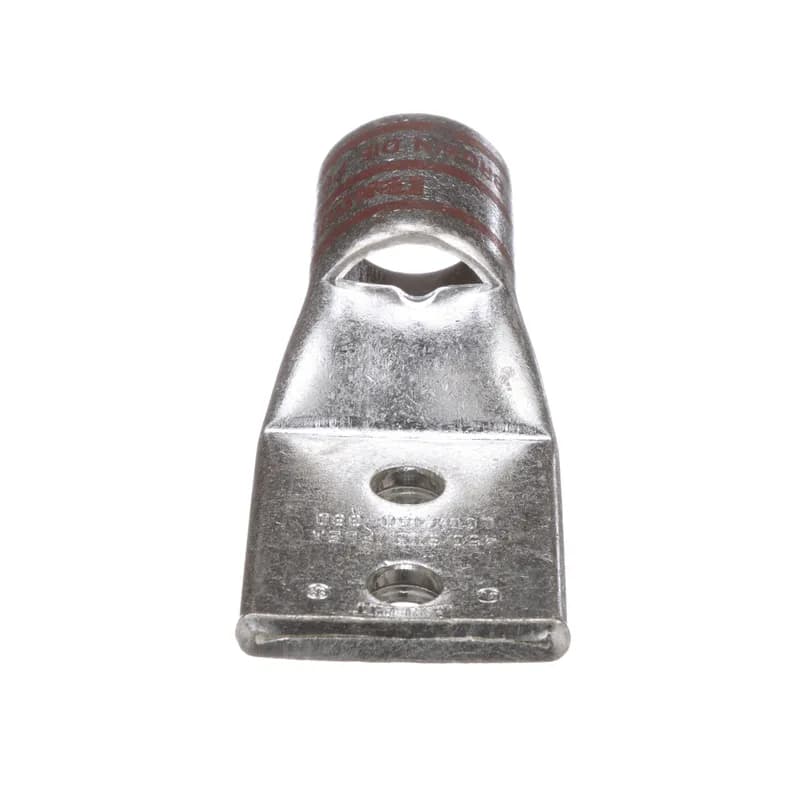 Two-hole, flex lug, 450 kcmil cable, 3/8 stud hole, 1 hole spacing.