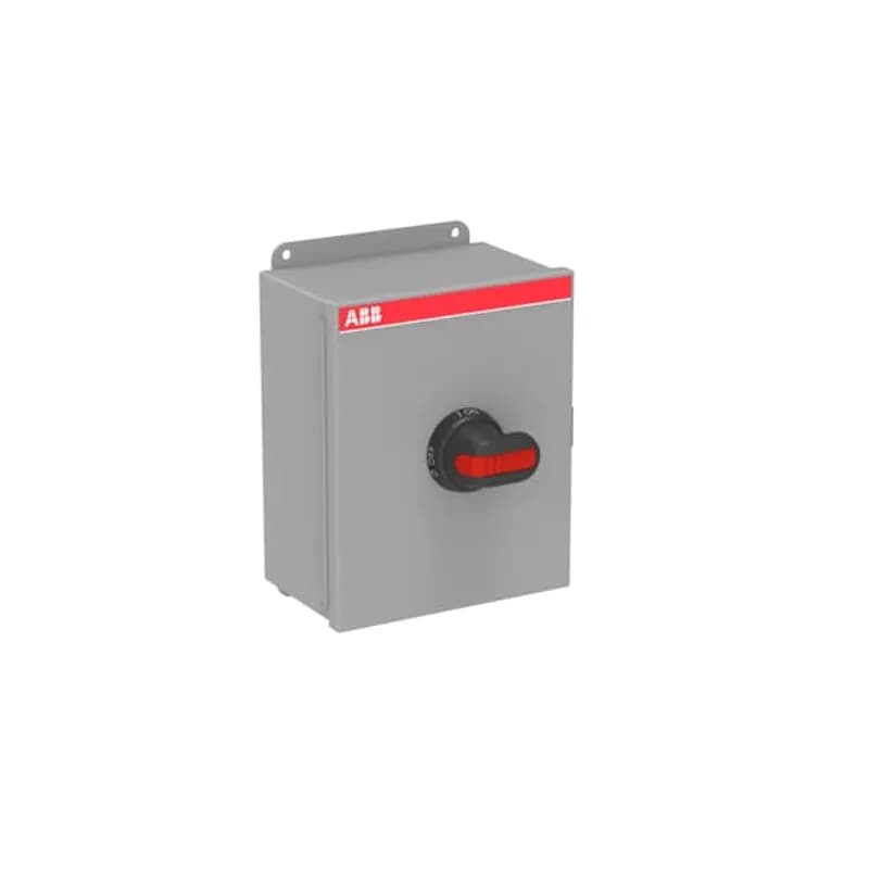 Enclosed Switch Disconnector, 3-p. Max. Horse power rating at three phase 480V 50HP. General purpose current rating 100A. Steel sheet enclosure, NEMA Type 3R Rainproof, 12 Indoor, Pistol handle. Interlocked cover. Defeatable interlocking.