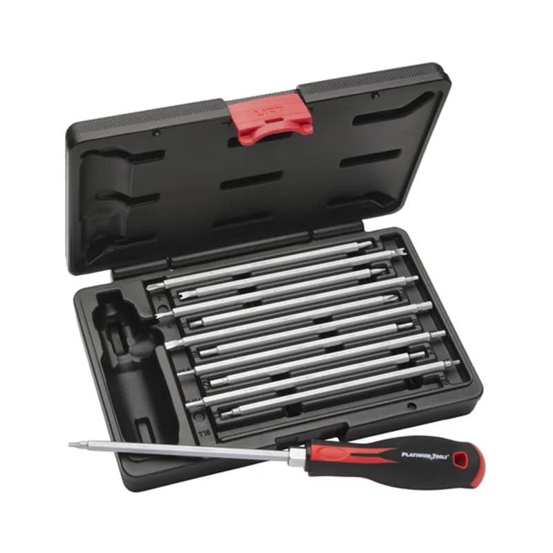 The perfect set for security installers - reach into those deep crevices with ease and never be without the right screwdriver. It features a non-slip, comfort grip handle with a high impact plastic core and 11 double sided security shaft style bits. The shaft style enables access into recessed screws up to 5 inches deep. The bit load includes multiple sizes of security Torx hex and Robertson along with spanners and tri-wings so the list of applications is endless. This kit can be used on standard hex and torx screws and includes a slotted and Phillips head bit for traditional screwdriver applications., 849160006855