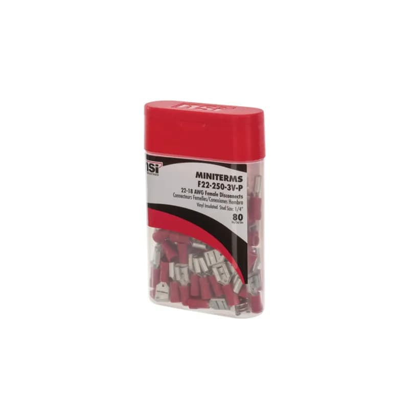NSI Industries F22-250-3V-P - 22-18 AWG Vinyl Insulated Female Disconnect with 0.250 Stud - 80 Count Vinyl Insulated Female Disconnects are entirely covered in an insulating vinyl. Electro tin plated, vinyl (PVC). 300V, 75 degrees C. FEATURES: STYLE: Female Disconnect MATERIAL: Vinyl QUANTITY: 80 Count WIRE SIZE: 22-18 STUD SIZE: 0.250
