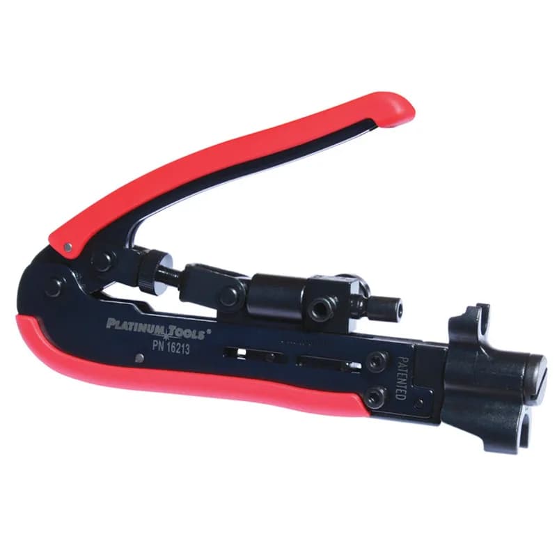 A convenient, easy-to-use, all-in-one compression tool. Terminate standard F, BNC, RCA & Right Angle compression connectors. A patented rotating head allows for quick change between RG11 & RG6. Applications include: CATV, CCTV, Satellite, Security, Home Theater, and structured wiring in residential or commercial sites.