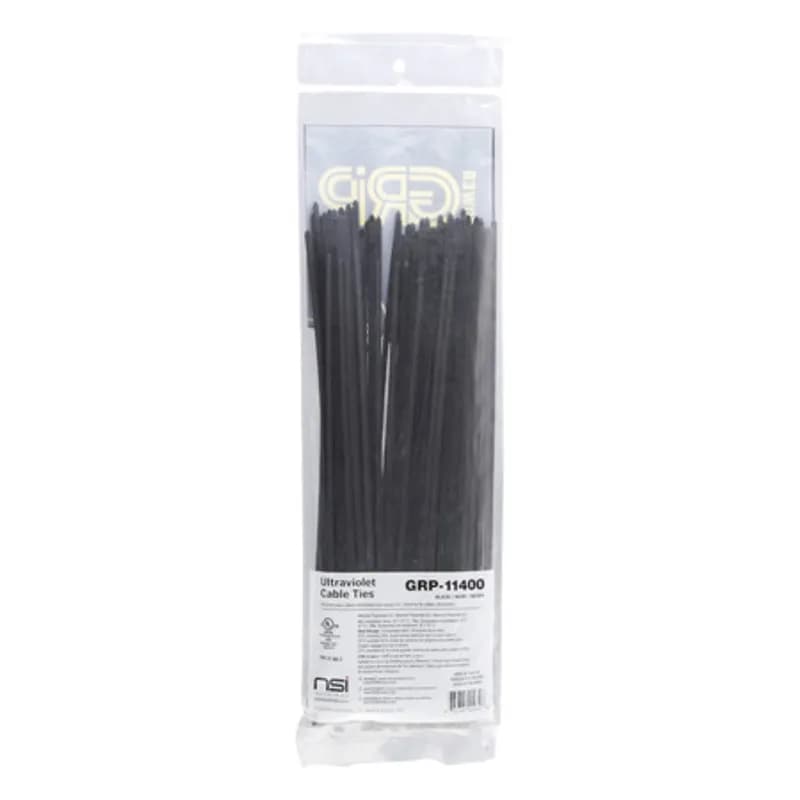 The PowerGRP GRP-1140 100-Count Resealable Pack of Type 21 Black-Colored General-Purpose Cable Ties are 11†long, with 40lb of tensile strength for professional applications. They’re made from polyamide 6,6 nylon, resulting in a high mechanical strength and a wide temperature range (-40 F to 185 F). Fasten these 11†cables ties around a wide range of equipment with a bundle diameter between .08†(2mm) and 2.99†(76mm), using the bent tips and serrated locking mechanism to form an effortless and secure grip. Designed for cable management in industrial applications.