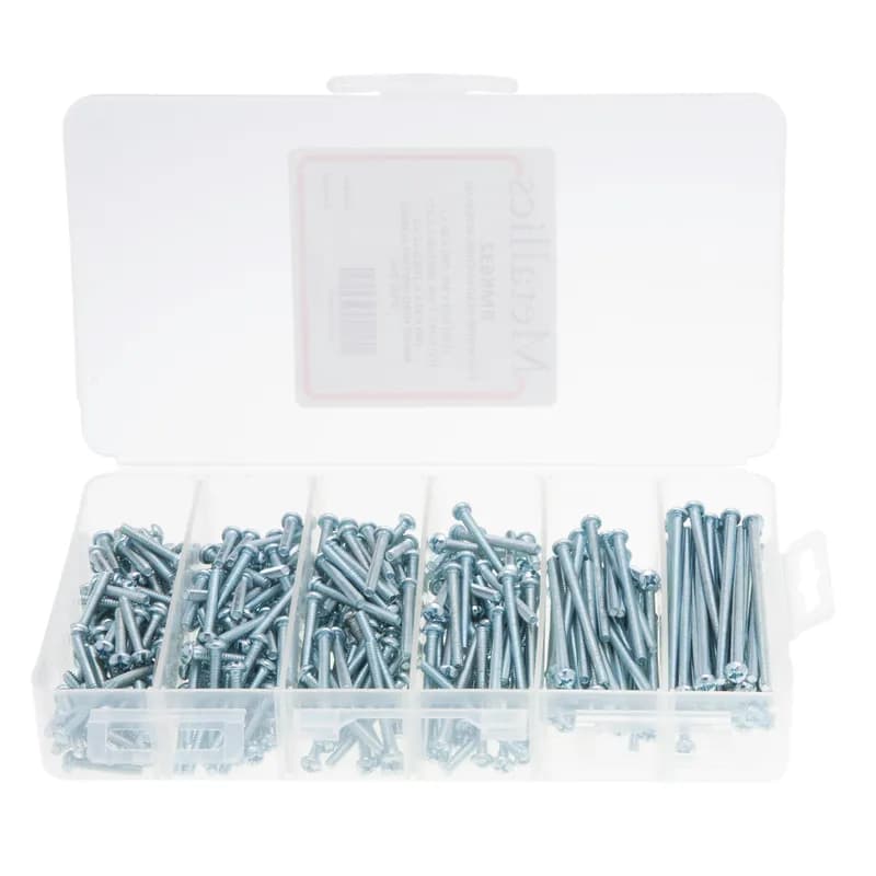 NSI Industries RMK832 - Machine Screw Kit, #8-32 Size, 370 piece(s), Steel material, Round head, Phillips/Slotted drive type, Zinc finish, Plastic box material, including a(n) (100) 1/2 in. Machine Screw, (75) 3/4 in. Machine Screw, (75) 1 in. Machine Screw, (50) 1-1/4 in. Machine Screw, (40) 1-1/2 in. Machine Screw, (30) 2 in. Machine Screw