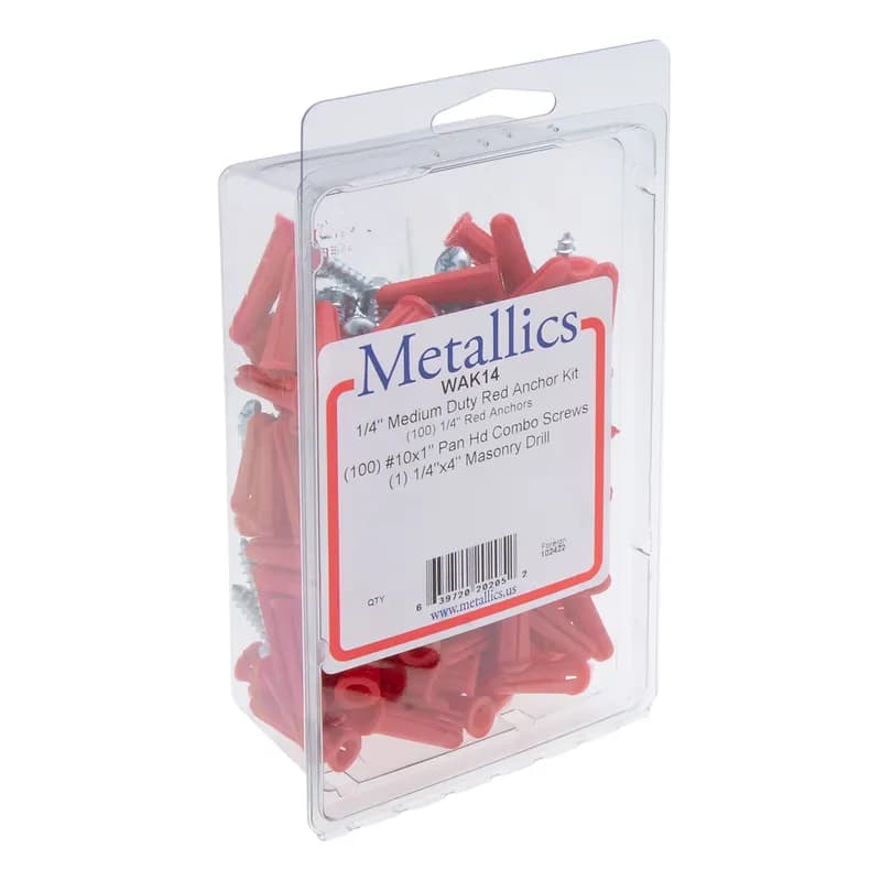 Wall Anchor Kit, 1/4 in. Size, 201 piece(s), Plastic, Red, including a(n) (100) #10 x 1 in. Pan Combo Screws and (100) 1/4 in. Red Plastic Anchors and (1) 1/4 in. Masonry Drill